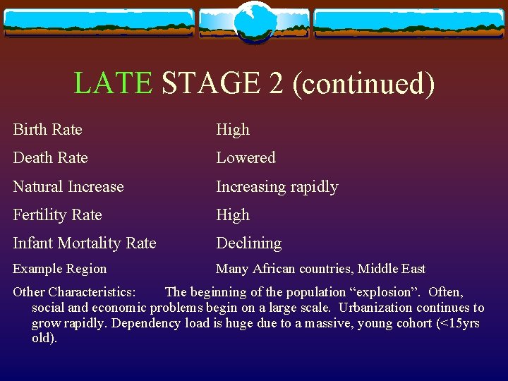 LATE STAGE 2 (continued) Birth Rate High Death Rate Lowered Natural Increase Increasing rapidly