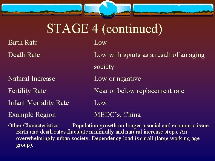 STAGE 4 (continued) Birth Rate Low Death Rate Low with spurts as a result