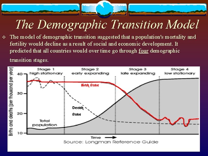 The Demographic Transition Model v The model of demographic transition suggested that a population's