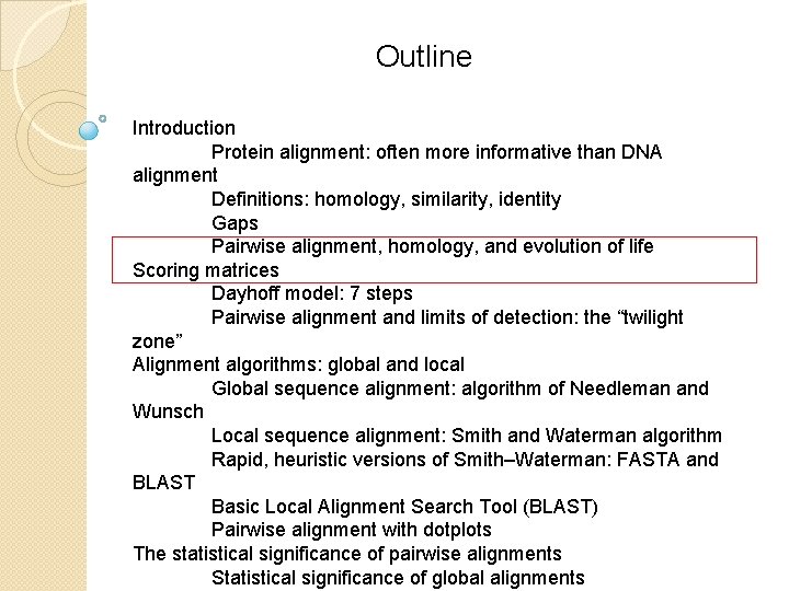 Outline Introduction Protein alignment: often more informative than DNA alignment Definitions: homology, similarity, identity