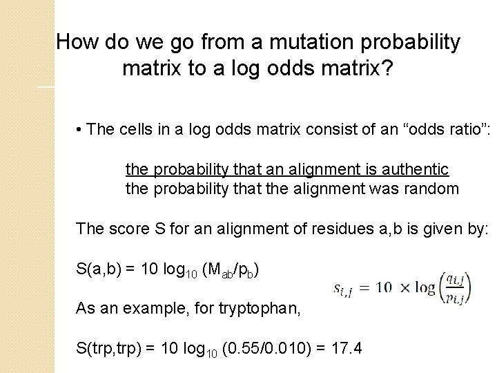 How do we go from a mutation probability matrix to a log odds matrix?