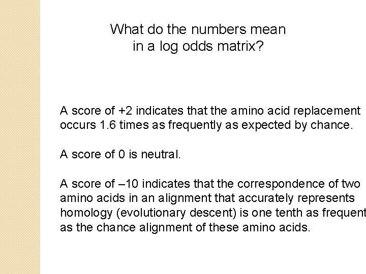 What do the numbers mean in a log odds matrix? A score of +2