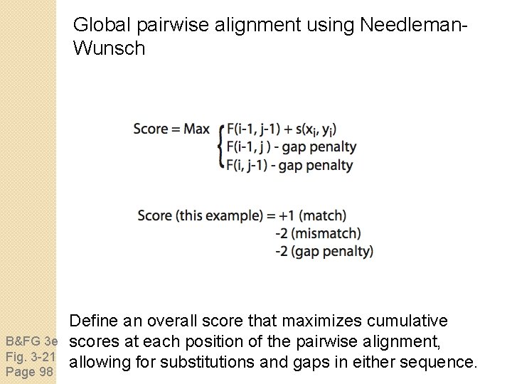 Global pairwise alignment using Needleman. Wunsch B&FG 3 e Fig. 3 -21 Page 98