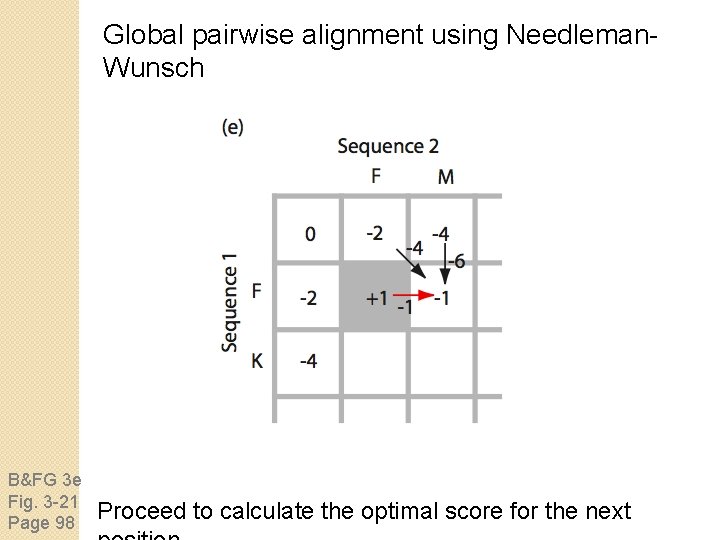 Global pairwise alignment using Needleman. Wunsch B&FG 3 e Fig. 3 -21 Page 98