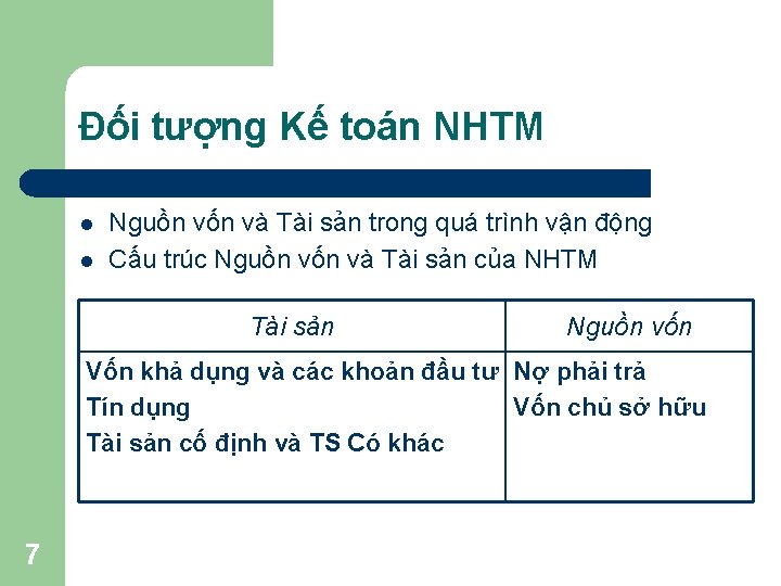 Đối tượng Kế toán NHTM l l Nguồn vốn và Tài sản trong quá