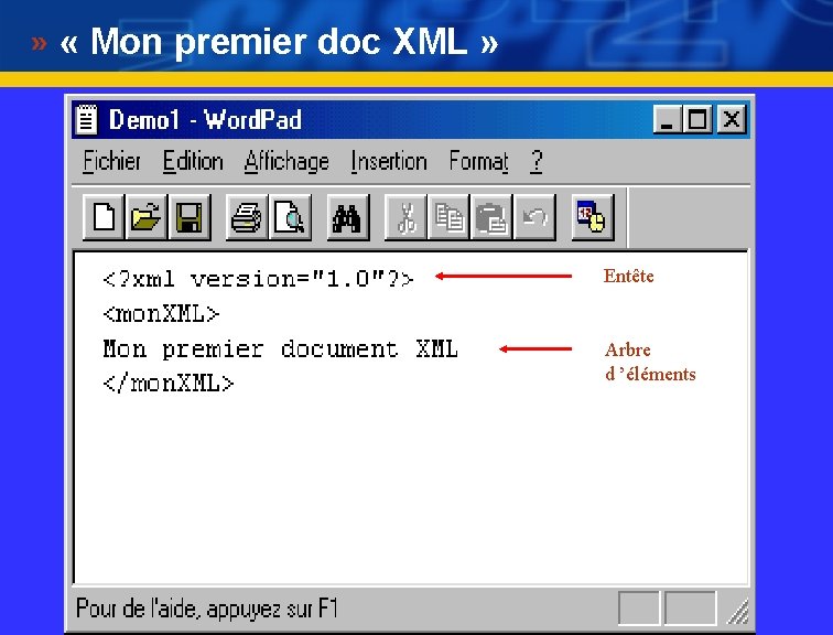  « Mon premier doc XML » Entête Arbre d ’éléments 
