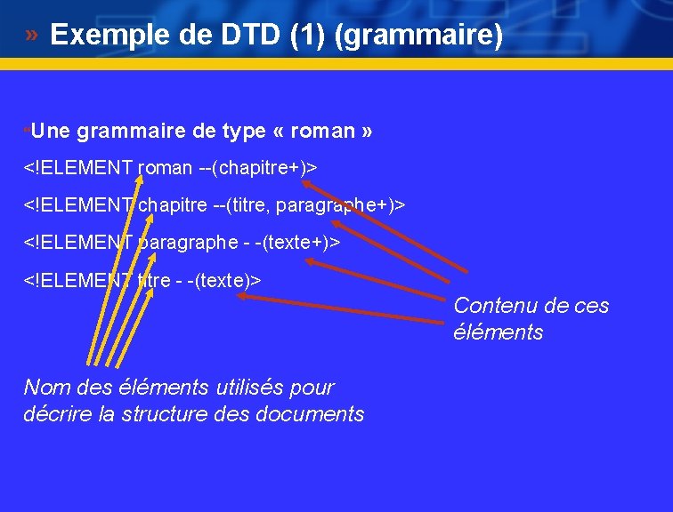 Exemple de DTD (1) (grammaire) } Une grammaire de type « roman » <!ELEMENT