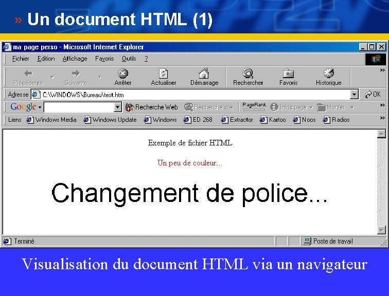 Un document HTML (1) Visualisation du document HTML via un navigateur 