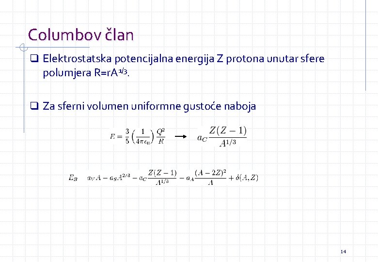Columbov član q Elektrostatska potencijalna energija Z protona unutar sfere polumjera R=r. A 1/3.