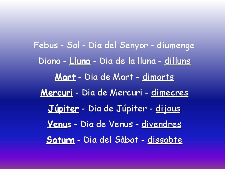 Febus - Sol - Dia del Senyor - diumenge Diana - Lluna - Dia