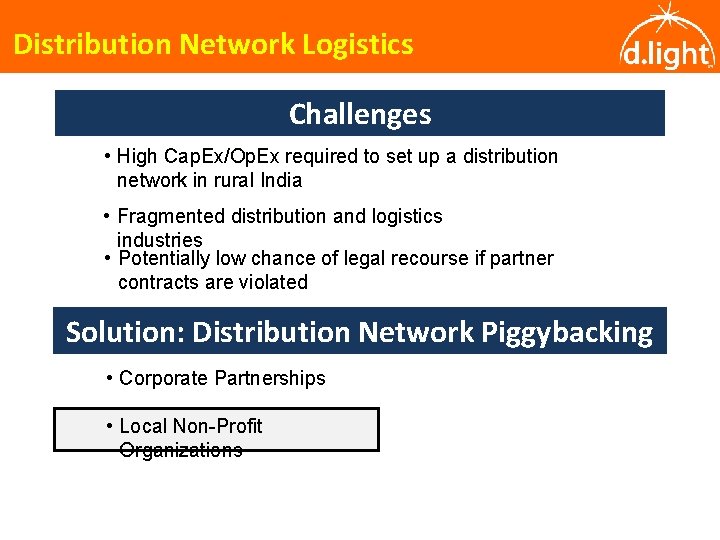 Distribution Network Logistics Challenges • High Cap. Ex/Op. Ex required to set up a