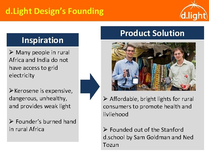 d. Light Design’s Founding Inspiration Product Solution Ø Many people in rural Africa and