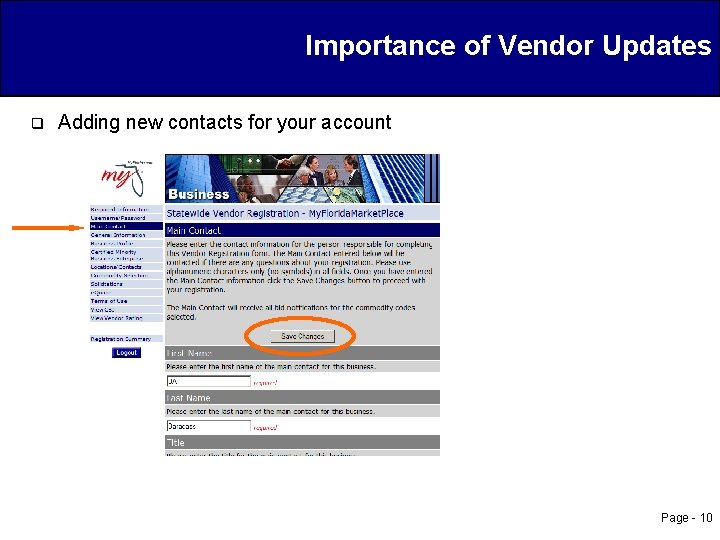 Importance of Vendor Updates q Adding new contacts for your account Page - 10