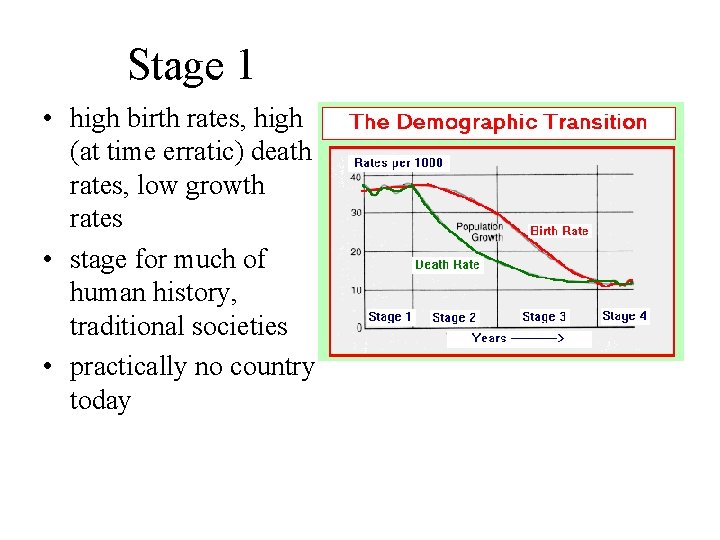 Stage 1 • high birth rates, high (at time erratic) death rates, low growth