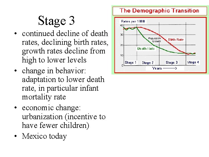 Stage 3 • continued decline of death rates, declining birth rates, growth rates decline