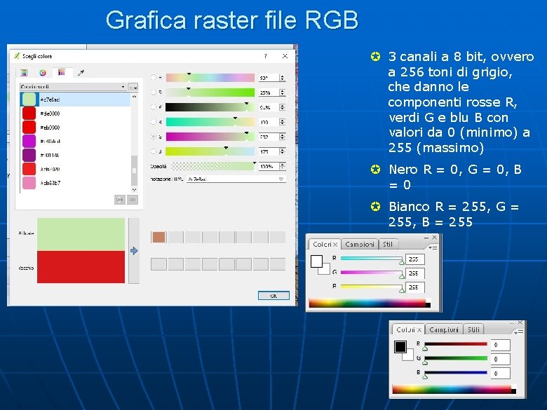 Grafica raster file RGB µ 3 canali a 8 bit, ovvero a 256 toni Grafica raster file RGB µ 3 canali a 8 bit, ovvero a 256 toni