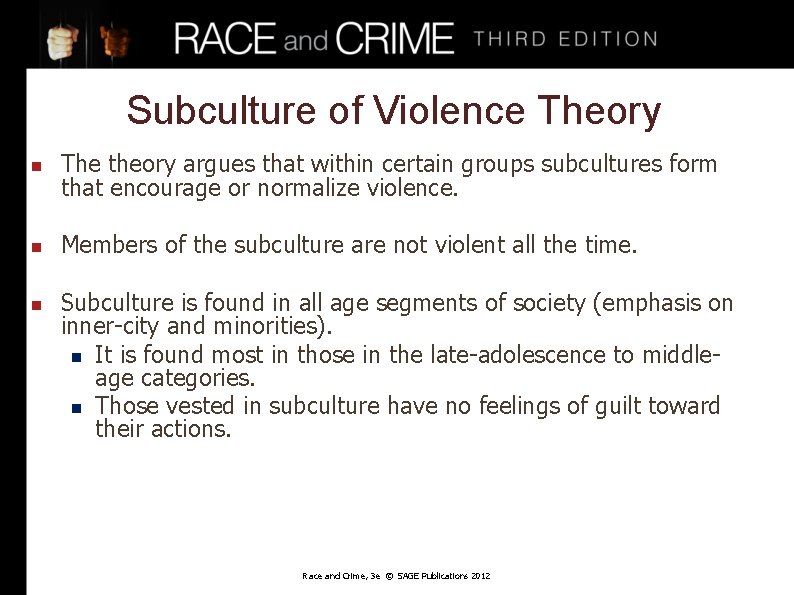 Subculture of Violence Theory n The theory argues that within certain groups subcultures form