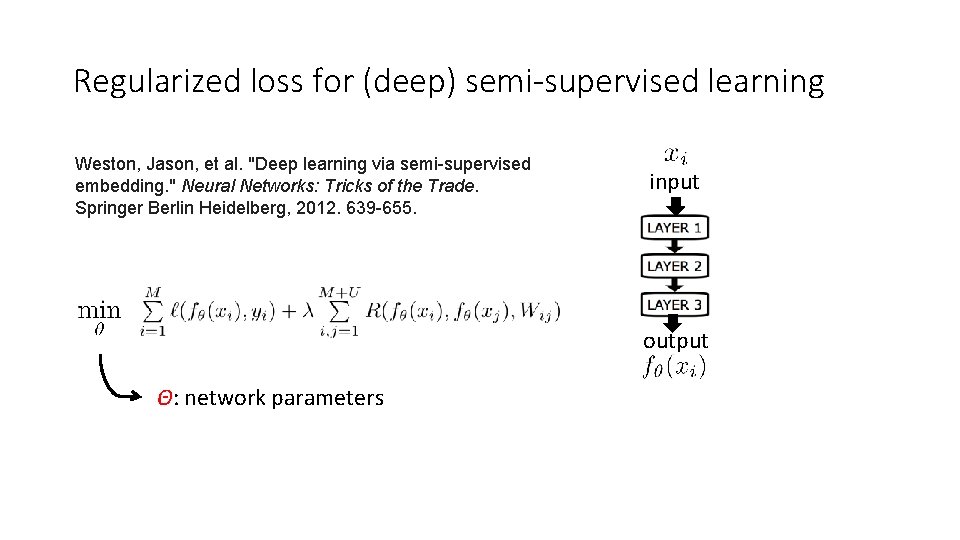 Regularized loss for (deep) semi-supervised learning Weston, Jason, et al. "Deep learning via semi-supervised Regularized loss for (deep) semi-supervised learning Weston, Jason, et al. "Deep learning via semi-supervised