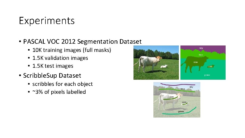 Experiments • PASCAL VOC 2012 Segmentation Dataset • 10 K training images (full masks) Experiments • PASCAL VOC 2012 Segmentation Dataset • 10 K training images (full masks)
