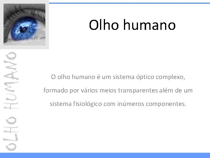 Olho humano O olho humano é um sistema óptico complexo, formado por vários meios