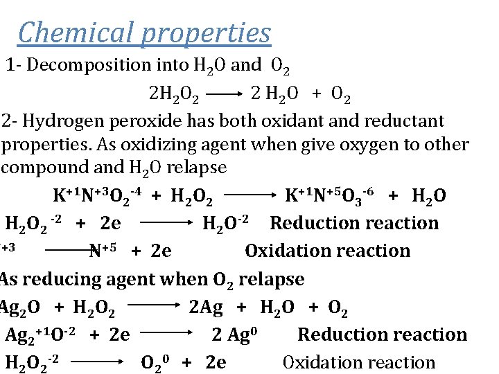 Chemical properties 1 - Decomposition into H 2 O and O 2 2 H