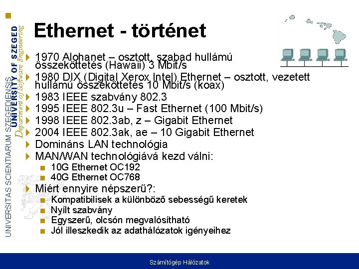 UNIVERSITAS SCIENTIARUM SZEGEDIENSIS UNIVERSITY OF SZEGED Department of Software Engineering Ethernet - történet 1970