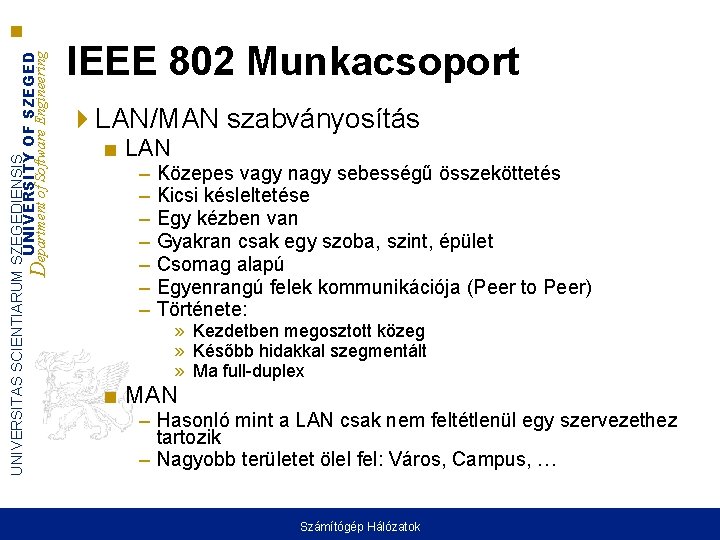 UNIVERSITAS SCIENTIARUM SZEGEDIENSIS UNIVERSITY OF SZEGED Department of Software Engineering IEEE 802 Munkacsoport LAN/MAN