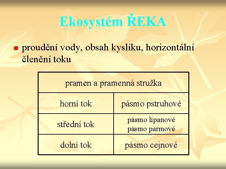 Ekosystém ŘEKA n proudění vody, obsah kyslíku, horizontální členění toku pramen a pramenná stružka