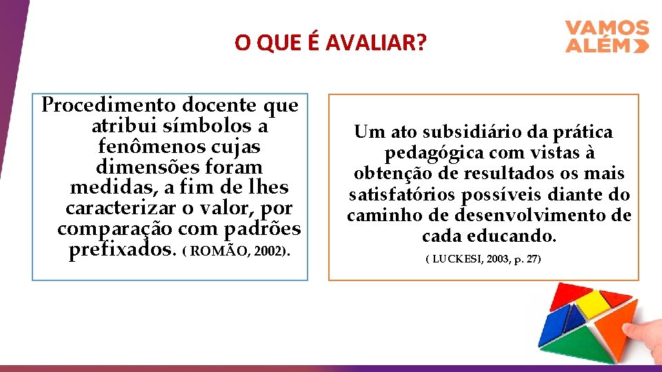 O QUE É AVALIAR? Procedimento docente que atribui símbolos a fenômenos cujas dimensões foram