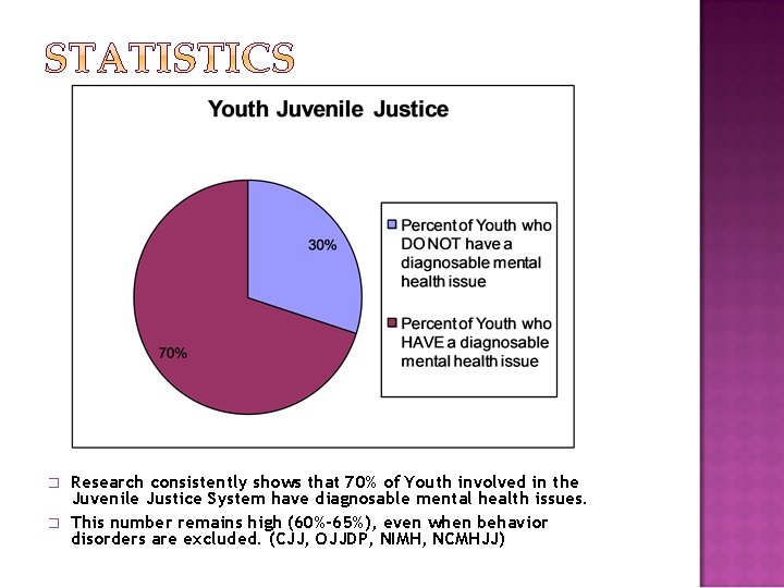 � � Research consistently shows that 70% of Youth involved in the Juvenile Justice