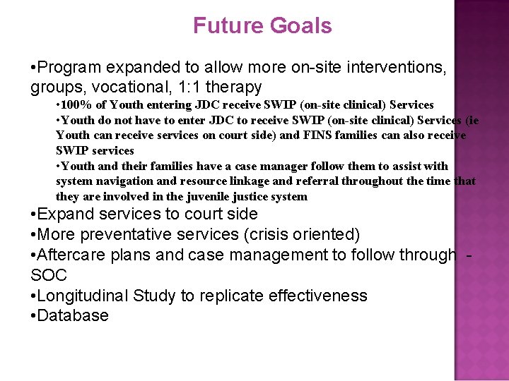 Future Goals • Program expanded to allow more on-site interventions, groups, vocational, 1: 1