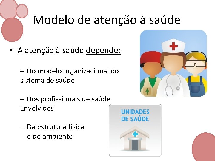 Modelo de atenção à saúde • A atenção à saúde depende: – Do modelo