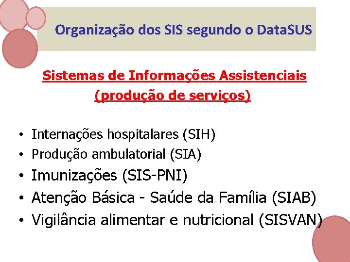 Organização dos SIS segundo o Data. SUS Sistemas de Informações Assistenciais (produção de serviços)