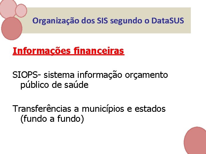 Organização dos SIS segundo o Data. SUS Informações financeiras SIOPS- sistema informação orçamento público