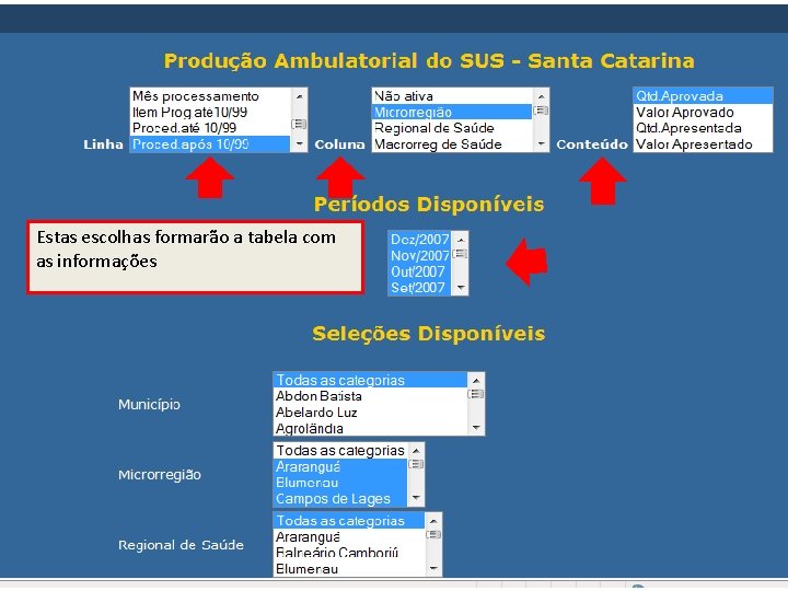 Estas escolhas formarão a tabela com as informações 