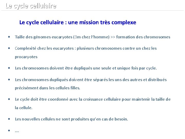  Le cycle cellulaire : une mission très complexe • Taille des génomes eucaryotes