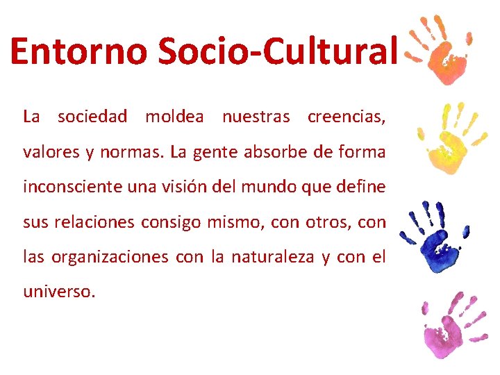 Entorno Socio-Cultural La sociedad moldea nuestras creencias, valores y normas. La gente absorbe de