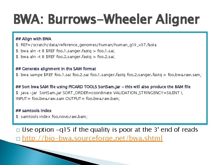 BWA: Burrows-Wheeler Aligner ## Align with BWA $: REF=/scratch/data/reference_genomes/human_g 1 k_v 37. fasta $: