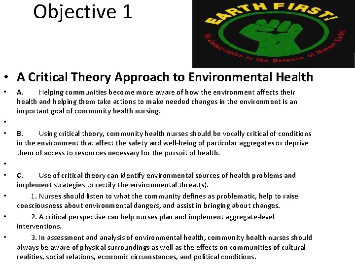 Objective 1 • A Critical Theory Approach to Environmental Health • • A. Helping