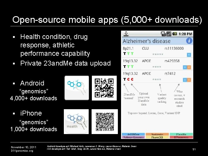 Open-source mobile apps (5, 000+ downloads) Health condition, drug response, athletic performance capability § Open-source mobile apps (5, 000+ downloads) Health condition, drug response, athletic performance capability §