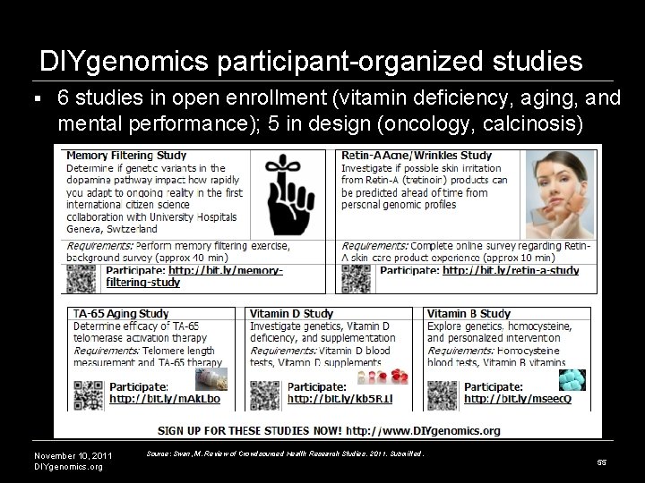 DIYgenomics participant-organized studies § 6 studies in open enrollment (vitamin deficiency, aging, and mental DIYgenomics participant-organized studies § 6 studies in open enrollment (vitamin deficiency, aging, and mental