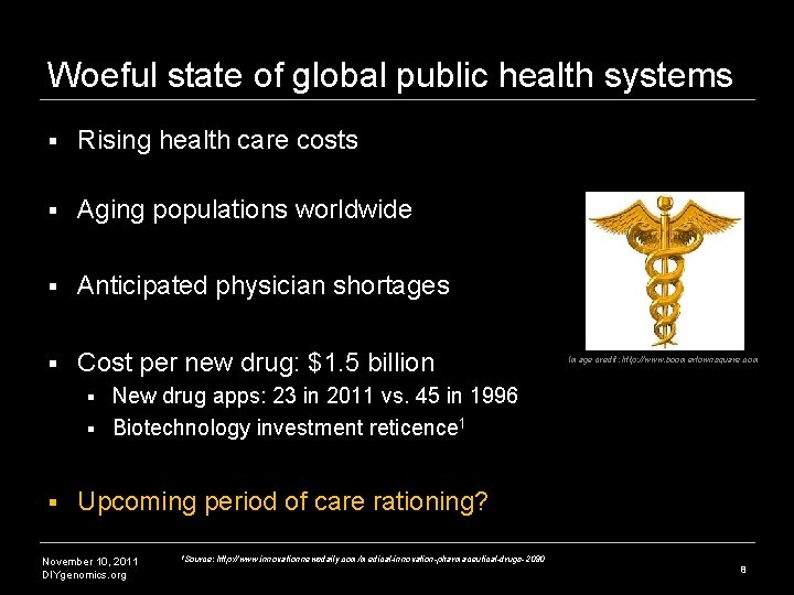 Woeful state of global public health systems § Rising health care costs § Aging Woeful state of global public health systems § Rising health care costs § Aging