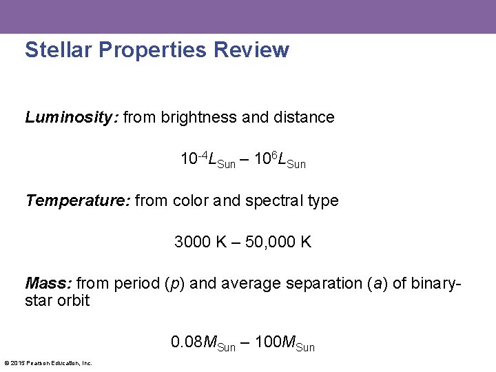 Stellar Properties Review Luminosity: from brightness and distance 10 -4 LSun – 106 LSun