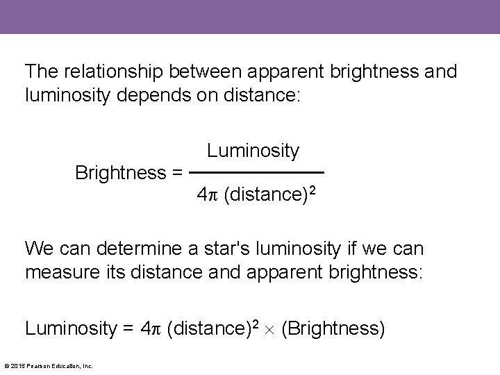 The relationship between apparent brightness and luminosity depends on distance: Luminosity Brightness = 4