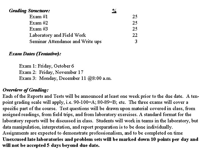  Grading Structure: % Exam #1 Exam #2 Exam #3 Laboratory and Field Work