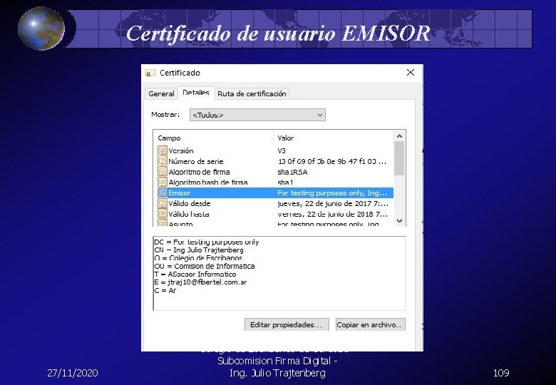 Certificado de usuario EMISOR 27/11/2020 Colegio de Escribanos de Cordoba - Subcomision Firma Digital