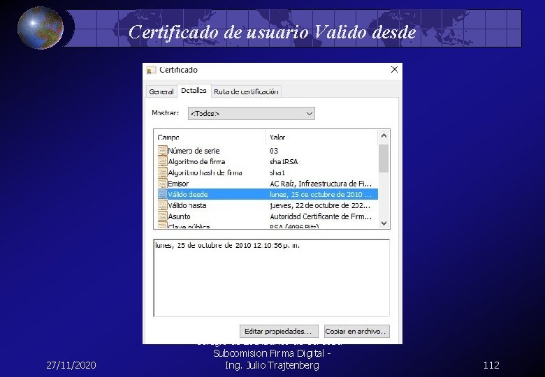 Certificado de usuario Valido desde 27/11/2020 Colegio de Escribanos de Cordoba - Subcomision Firma