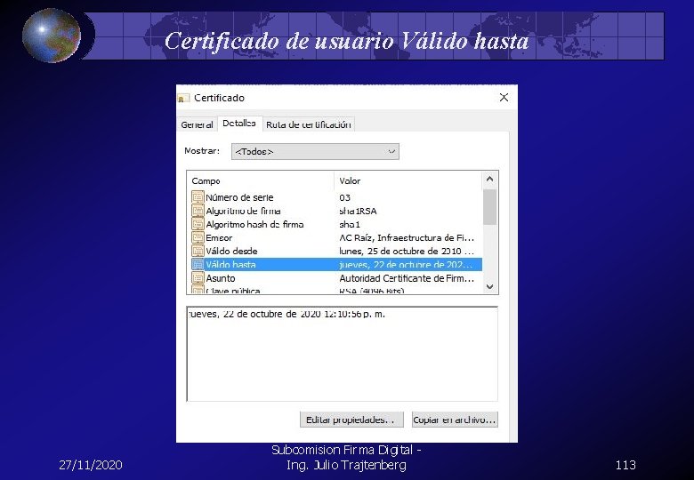 Certificado de usuario Válido hasta 27/11/2020 Colegio de Escribanos de Cordoba - Subcomision Firma