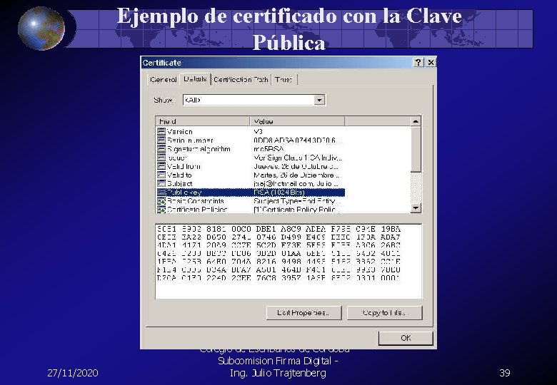 Ejemplo de certificado con la Clave Pública 27/11/2020 Colegio de Escribanos de Cordoba -