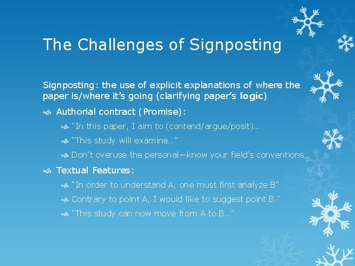 The Challenges of Signposting: the use of explicit explanations of where the paper is/where